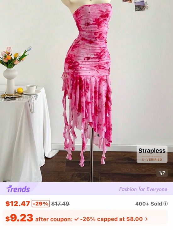 SHEIN Dresses & Skirts - SHEIN Pink Floral Strapless Asymmetrical Ruffle Dress
